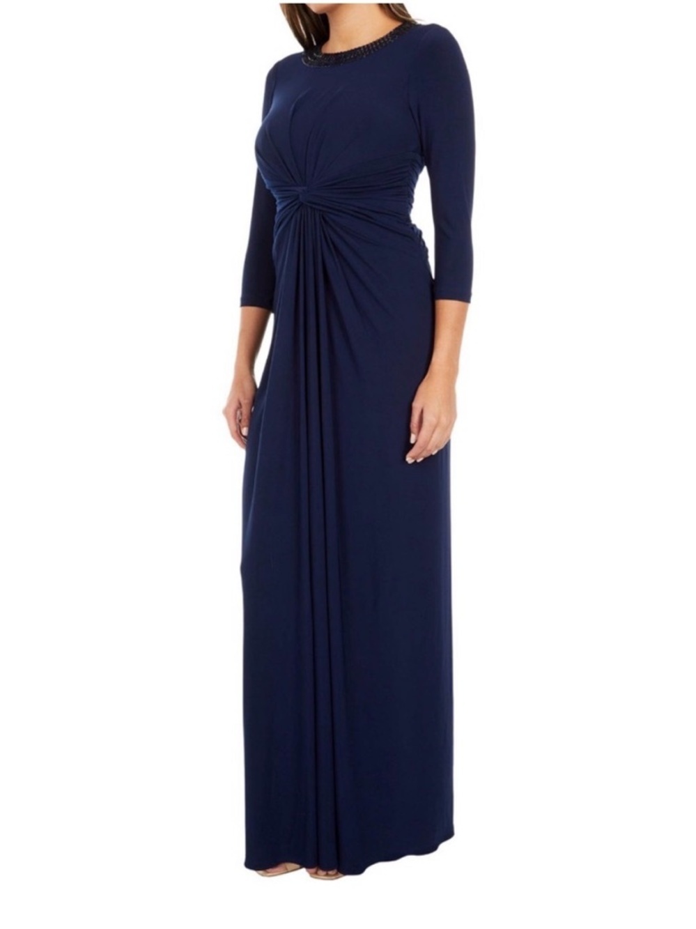 Adrianna Papell Navy Beaded Embellished Neck Gown Twist Waist Keyhole Back 14 - Picture 8 of 16